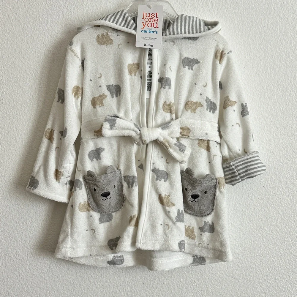 Carter's Just One You White Gray Baby Bear Print Hooded Bath Robe Size 0-9M